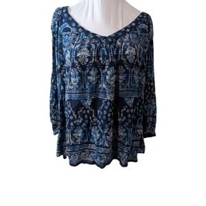 Bila Women's Blouse Top Size Medium Blue Boho Geometric Peasant Shirt Tunic EUC
